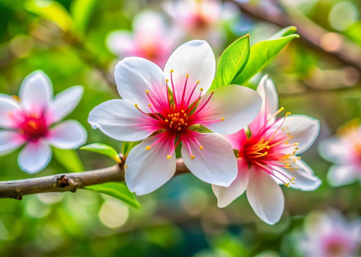 A close-up of a Tung Blossom in full bloom with delicate white petals and a pink center photo