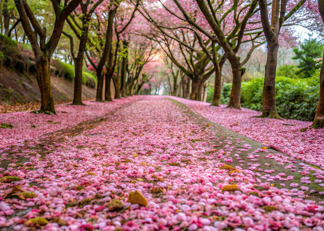 A pathway covered in fallen Tung Blossoms, creating a picturesque scene like a floral carpet. photo