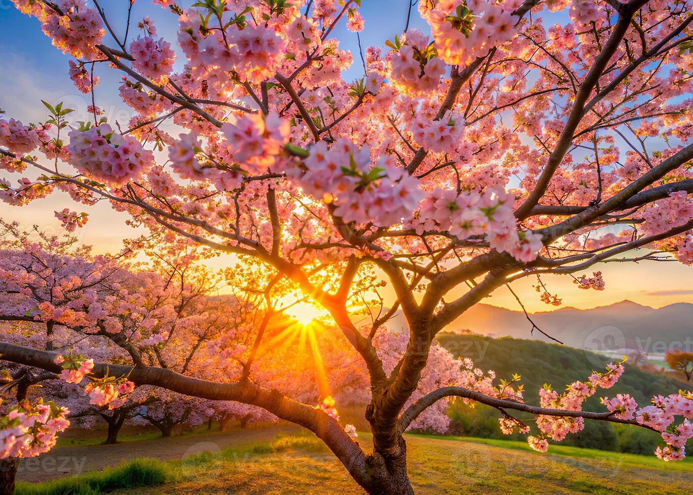 A Tung Blossom tree during sunset, the flowers illuminated by the golden hour light photo