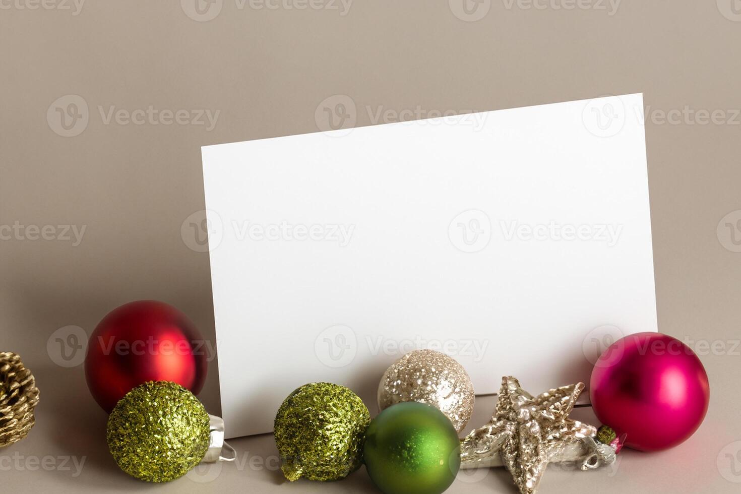 Beautiful Mockup White Card with Christmas Ornaments, A Festive Touch for Your Holiday Greetings photo