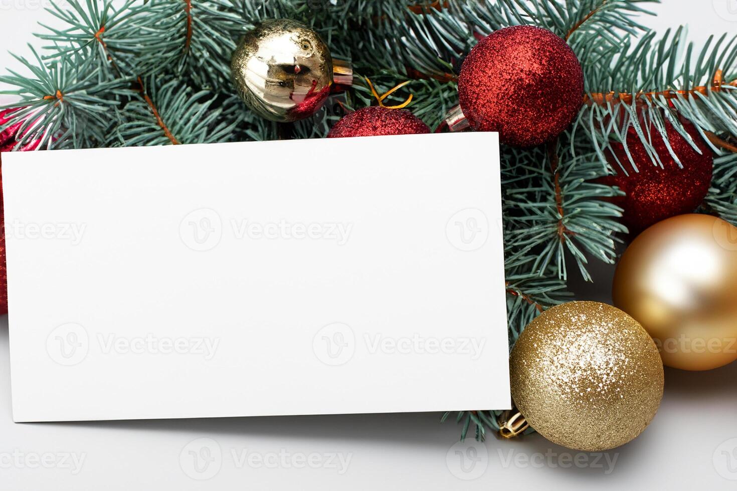 Beautiful Mockup White Card with Christmas Ornaments, A Festive Touch for Your Holiday Greetings photo