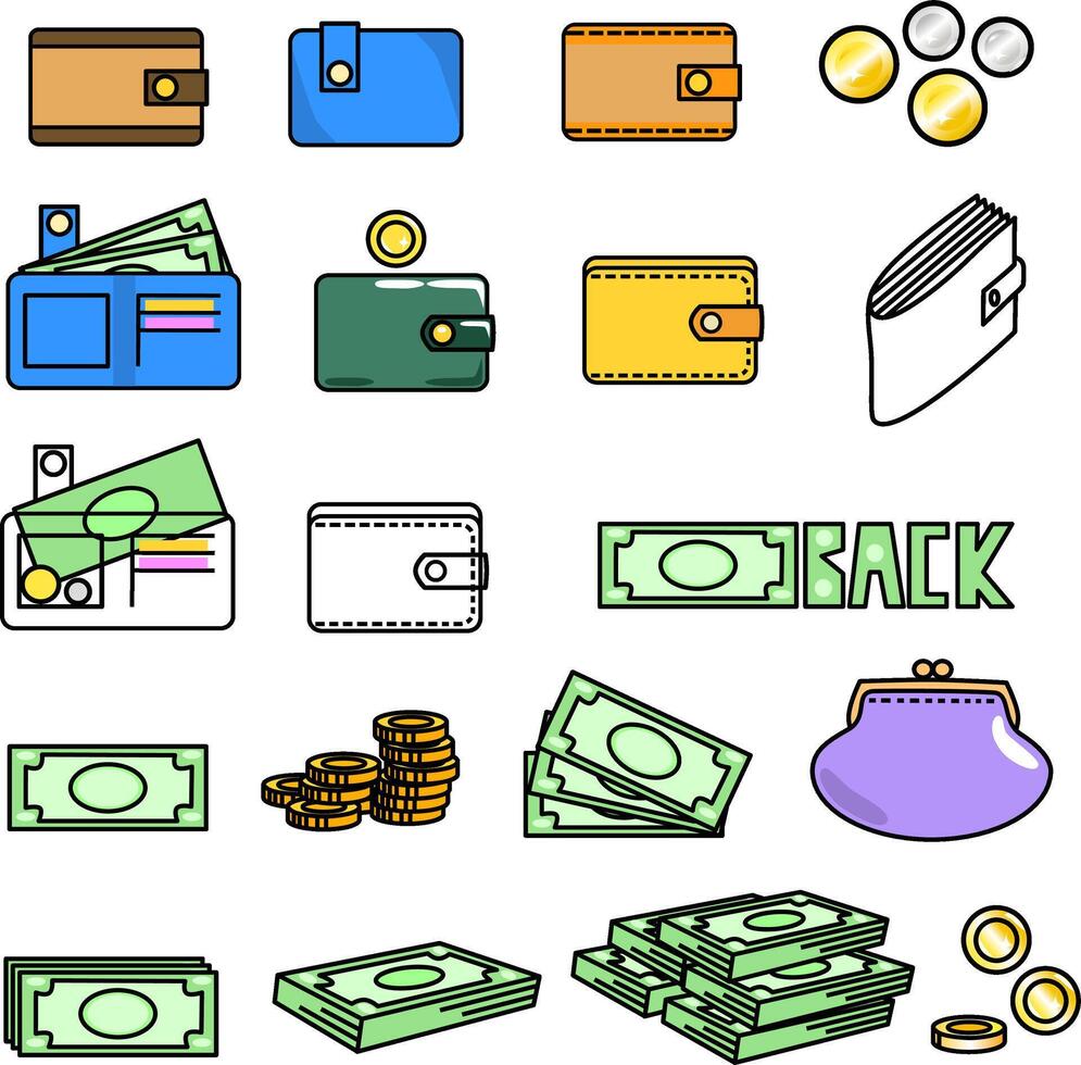 money management related icon set. leather wallets of different types with and without money. illustration several gold and silver coins obverse and reverse. The inscription cashback and a vector