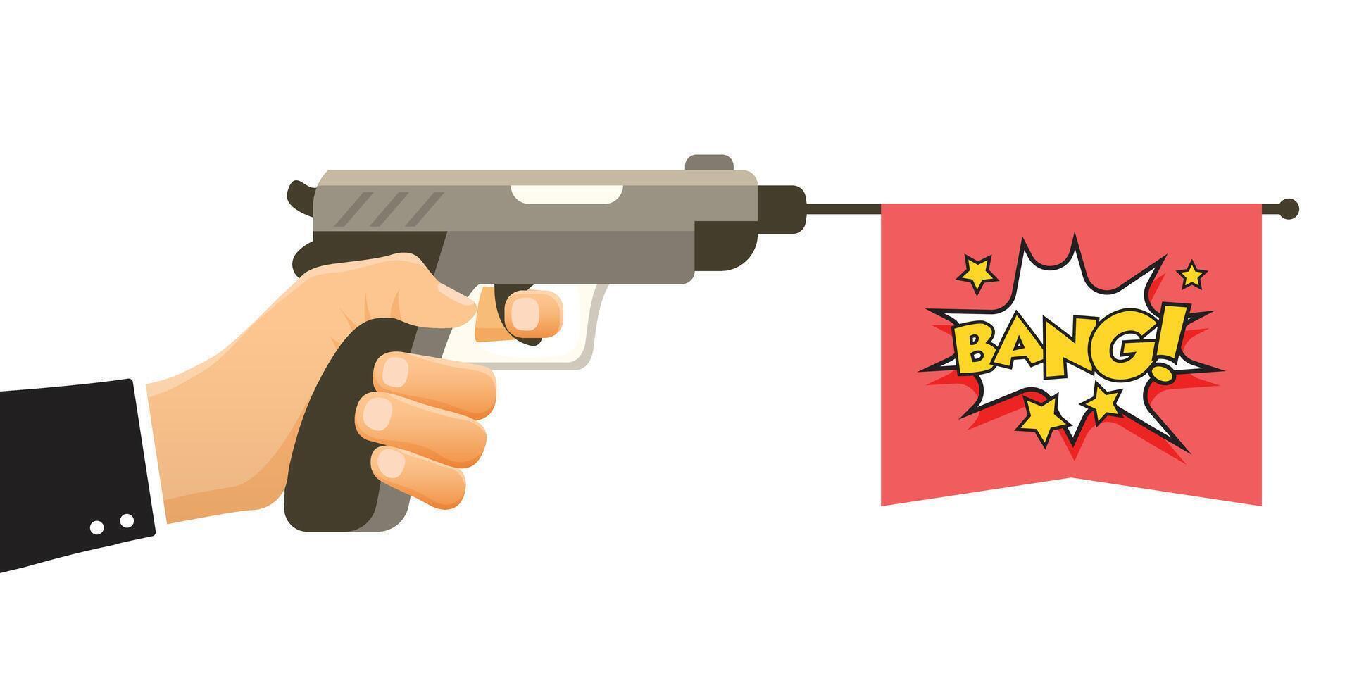 Hand holding pistol gun with bang text icon in flat style. Firearm symbol illustration on isolated background. Rifle ammo sign business concept. vector