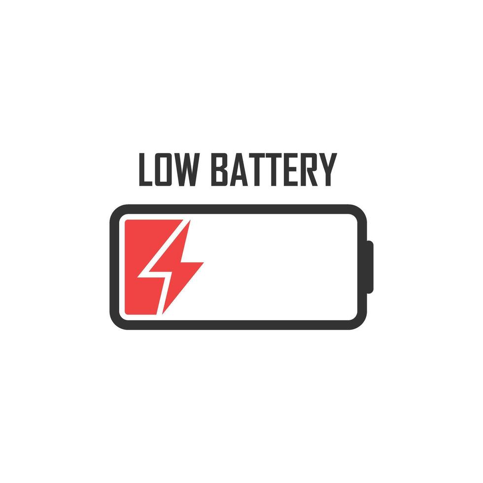 Low battery icon in flat style. Battery charging process illustration on isolated background. Accumulator recharge sign business concept. vector