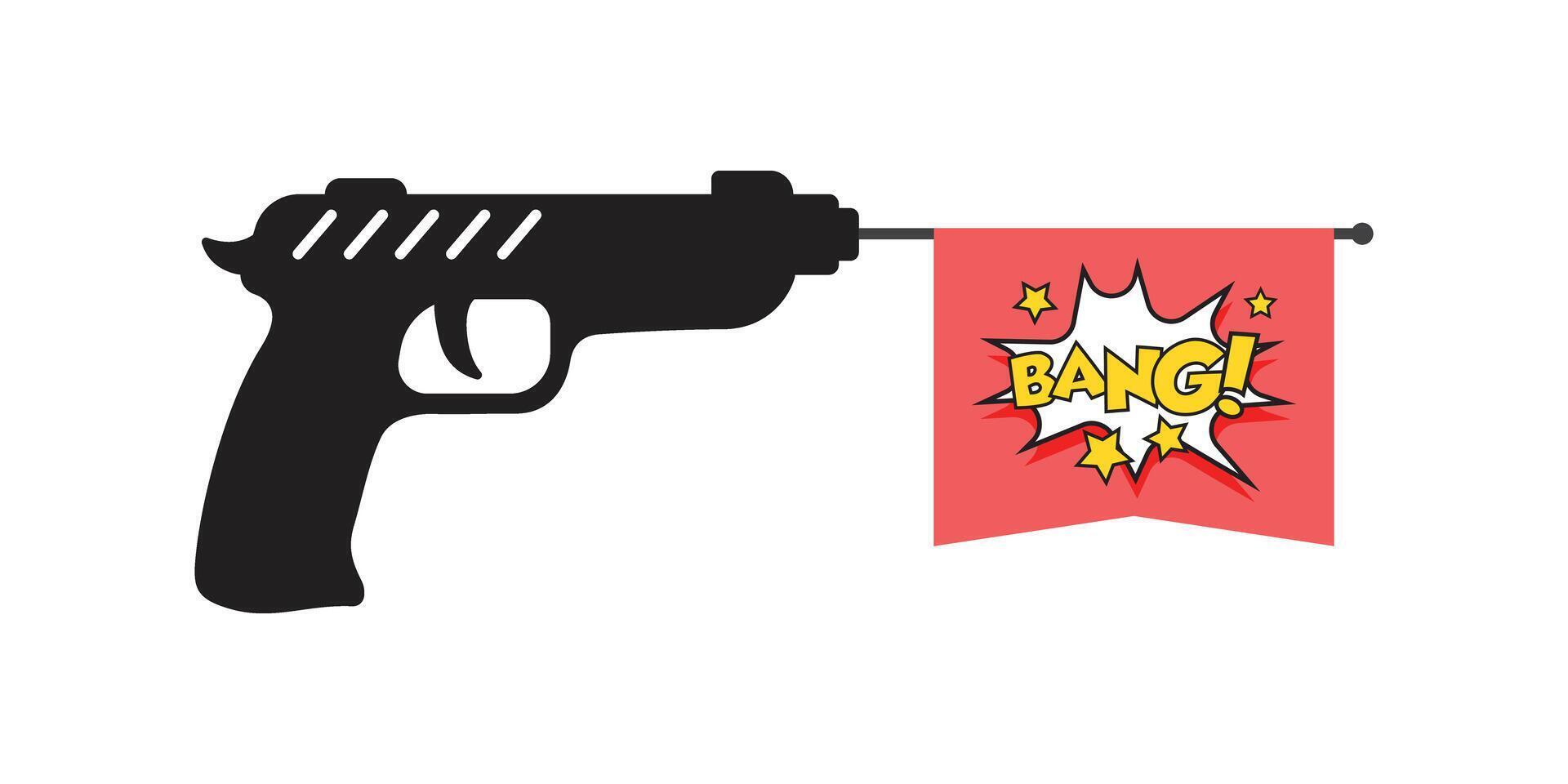 Pistol gun with bang text icon in flat style. Firearm symbol illustration on isolated background. Rifle ammo sign business concept. vector