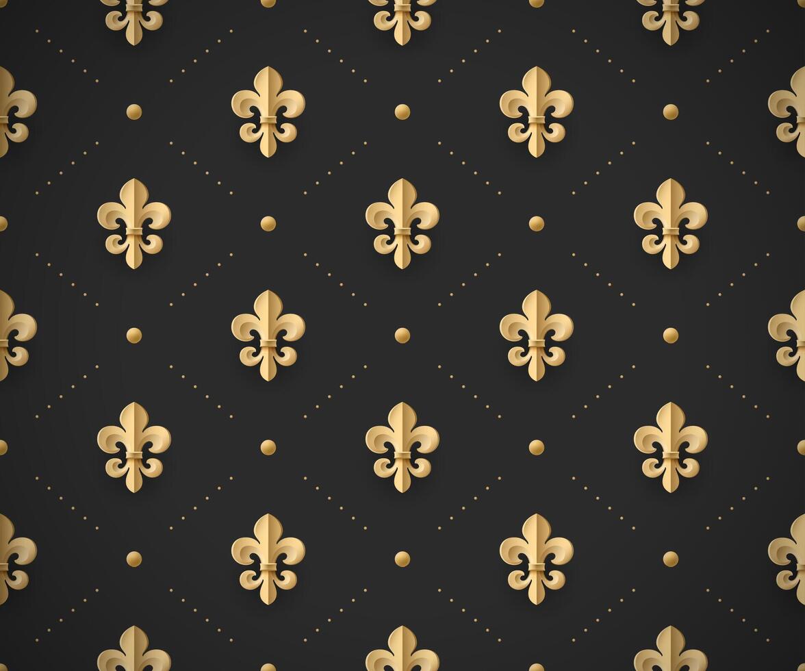 Seamless gold pattern with fleur-de-lys on a dark black background. Illustration. vector