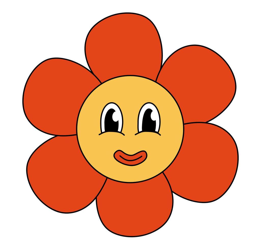 Retro 70s 60s 80s Hippie Groovy cute Red Flower. Smiling face. Flower power element. illustration isolated on a white background. vector