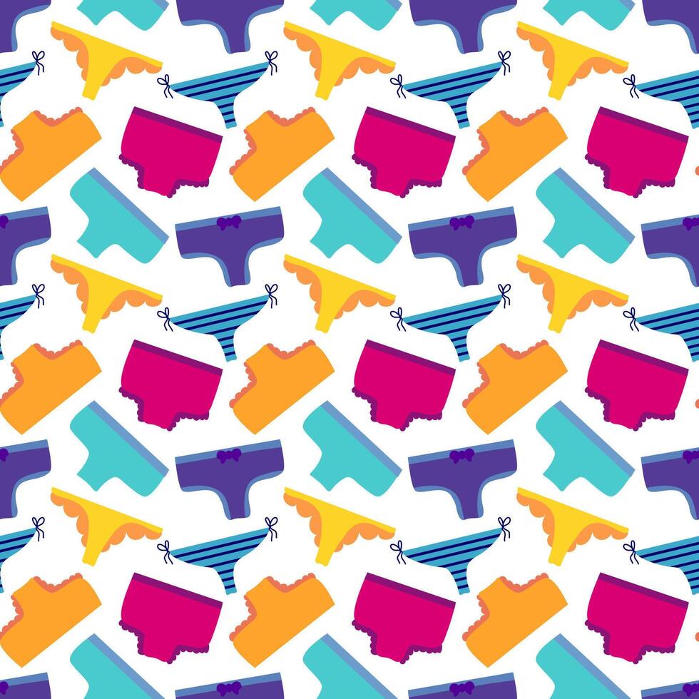 Seamless Pattern with women panties. Underwear types string, thong, tanga, bikini. Cheeky, hipster, classic brief, slip, retro high waist or slimming underclothing. Flat illustration. vector