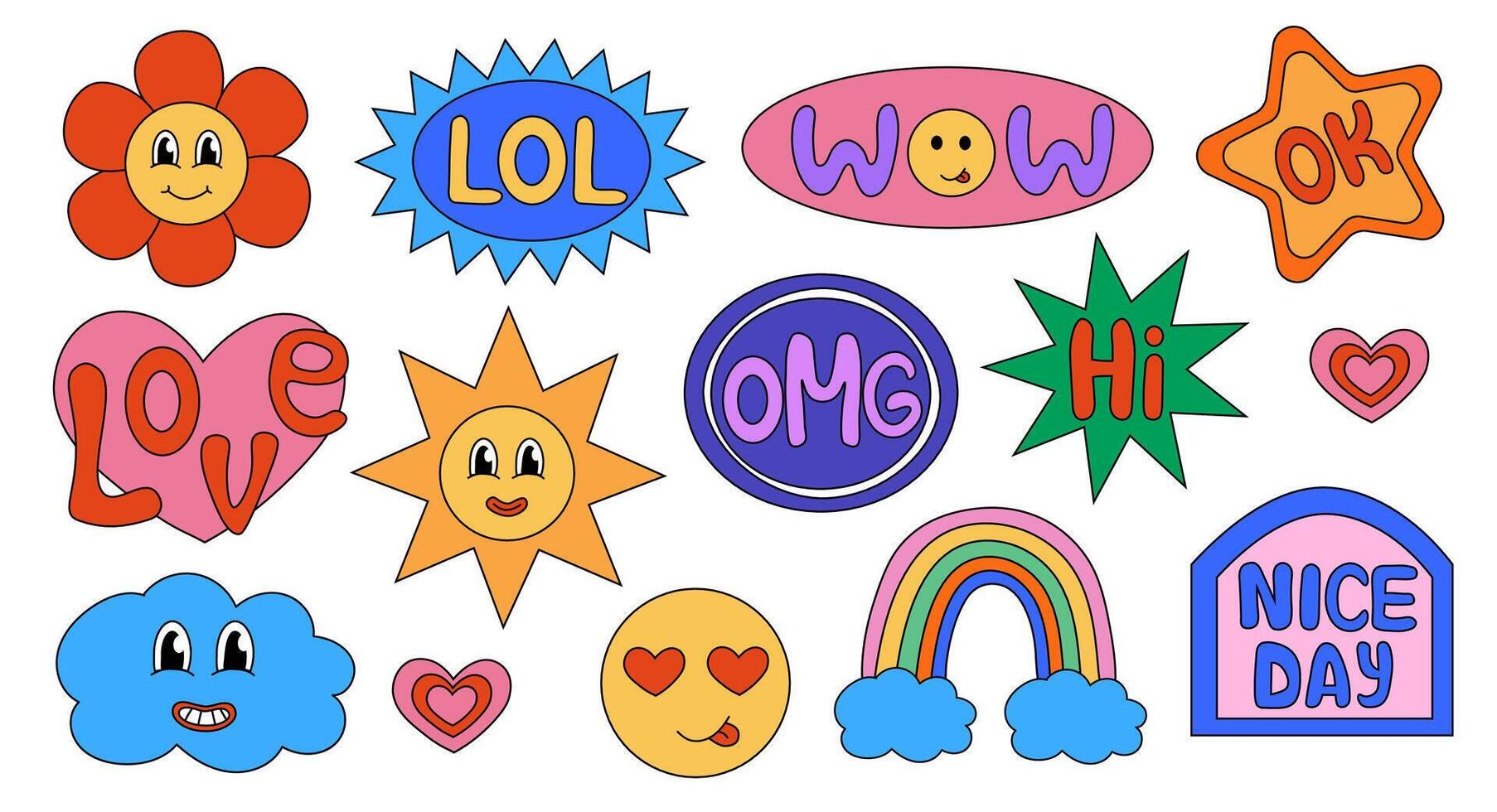 Collection of trendy retro sticker cartoon shapes. Funny comic character art and quote sign patch Set. Lol, Nice Day, OMG. Flat Design. vector