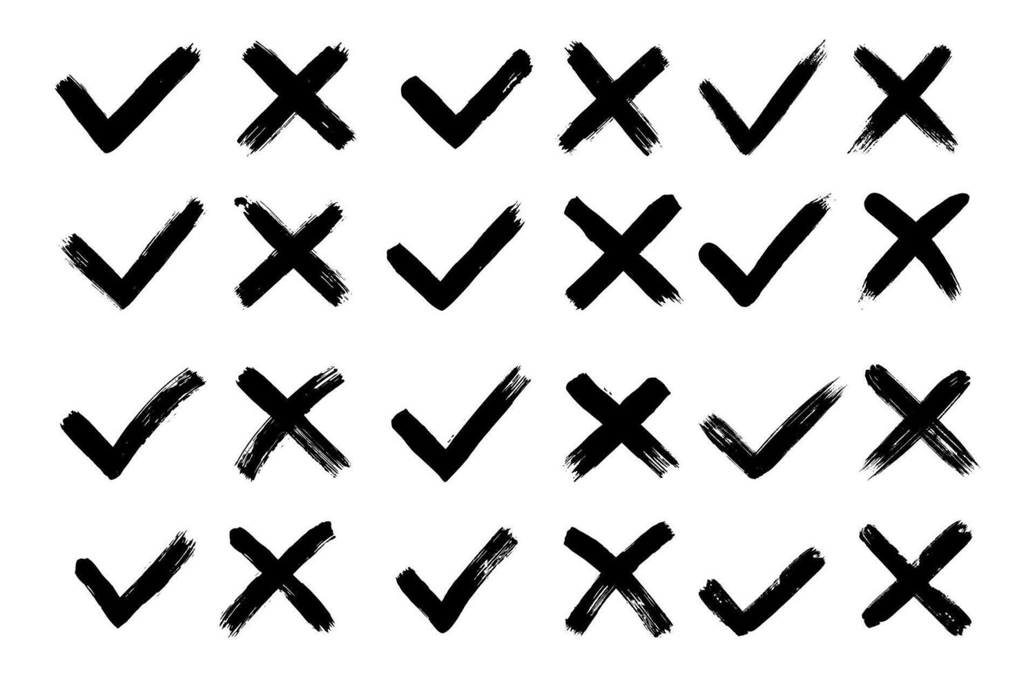 Grunge hand drawn brush strokes cross X and tick OK check marks V illustration set vector