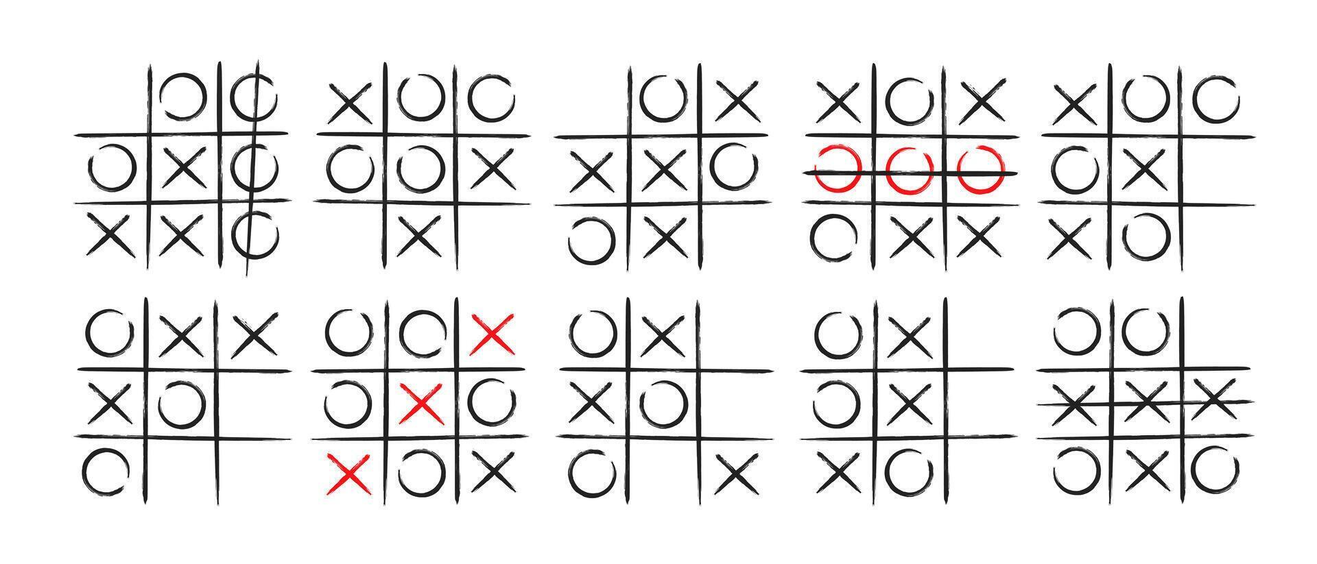 Tic tac toe xo game hand drawn grid doodle template illustration set isolated on white background vector