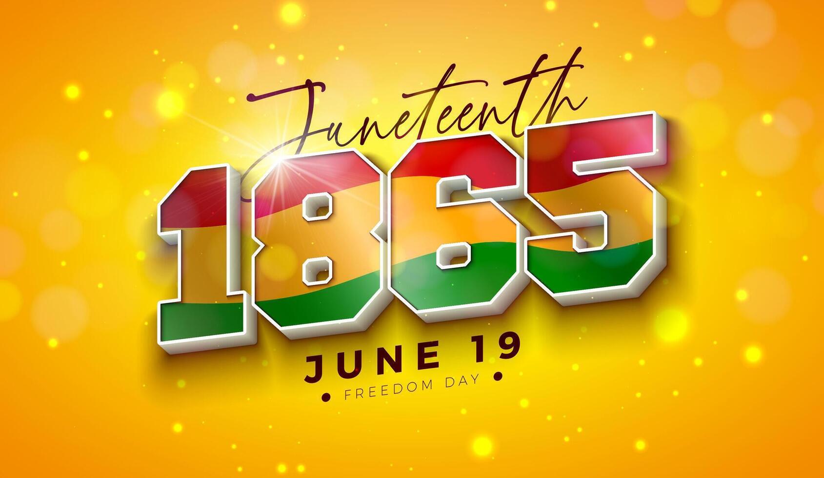 Juneteenth Freedom Day Design. African American June 19 Independence Day. Annual American Emancipation Holiday Illustration with 3d 1865 Typography Lettering on Shiny Yellow Background for vector