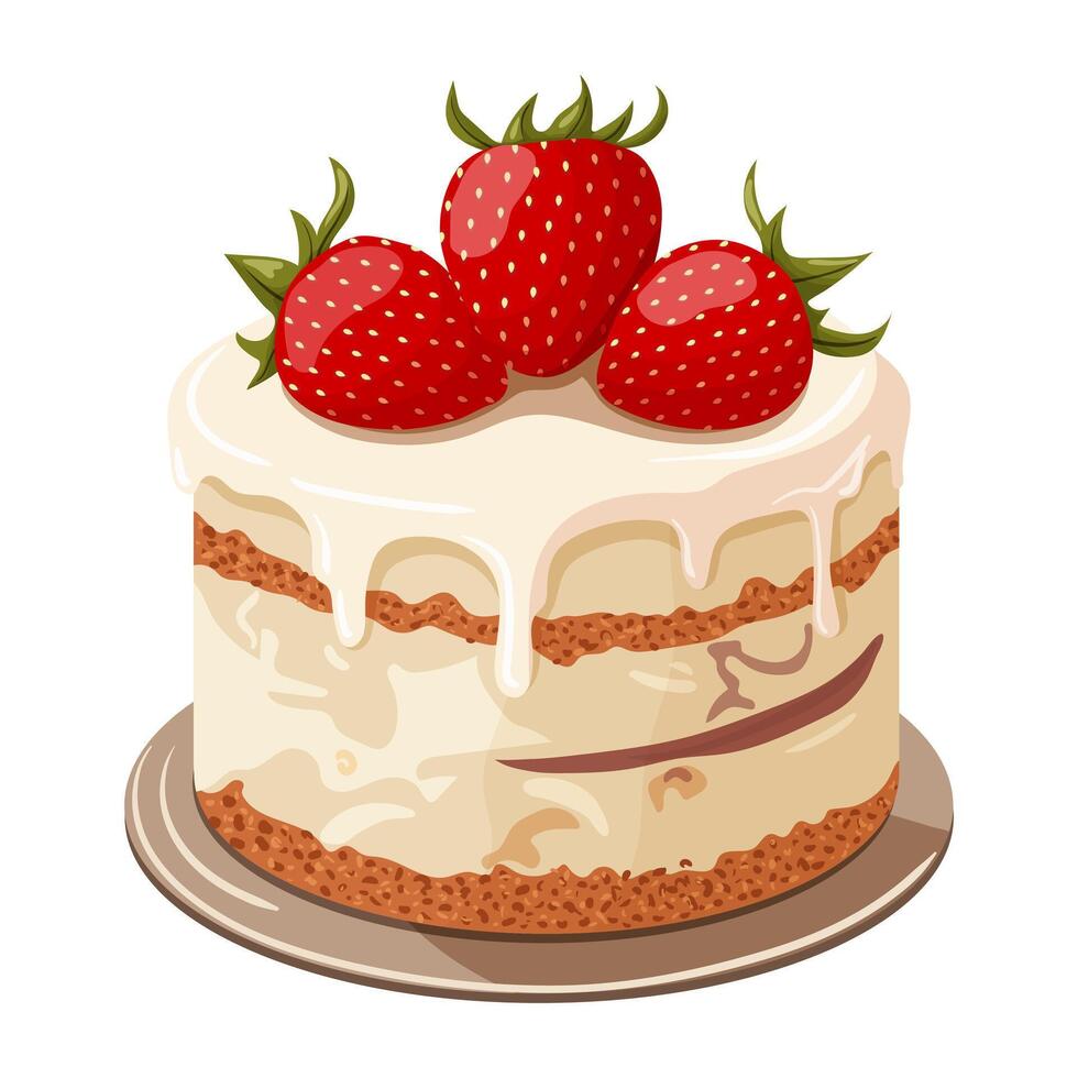 A cream cake with white icing decorated with strawberries. Illustration on a white background. vector