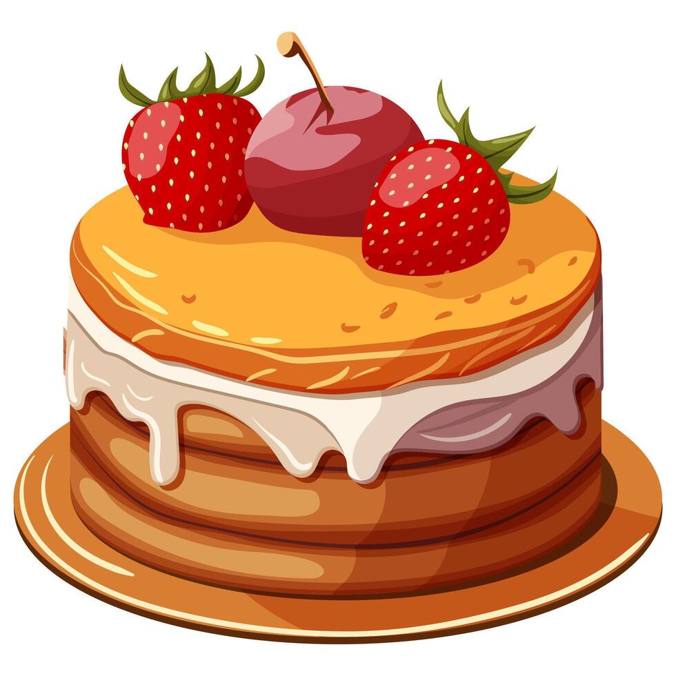 Chocolate cream cake with white icing decorated with strawberries. Illustration on a white background. vector