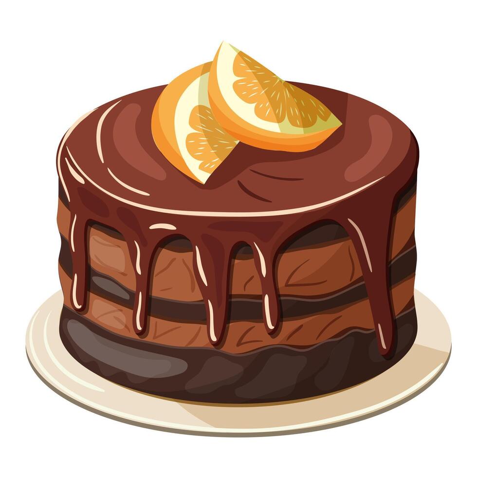 Chocolate cake with chocolate cream decorated with orange slices. Illustration on a white background. vector