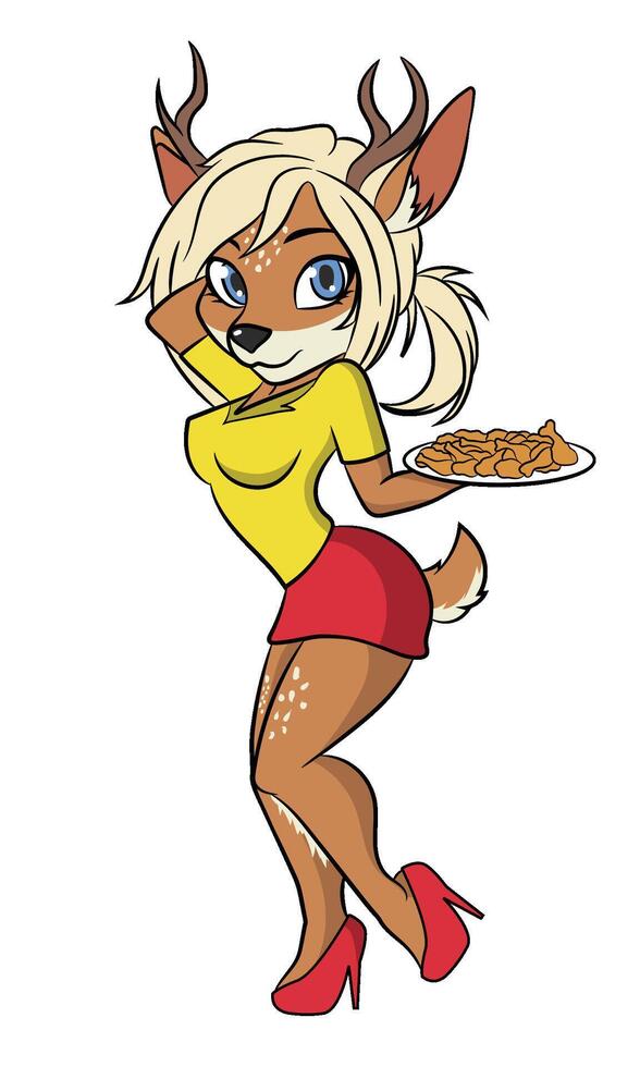Elk cartoon sexy mascot server fast food female animal character vector