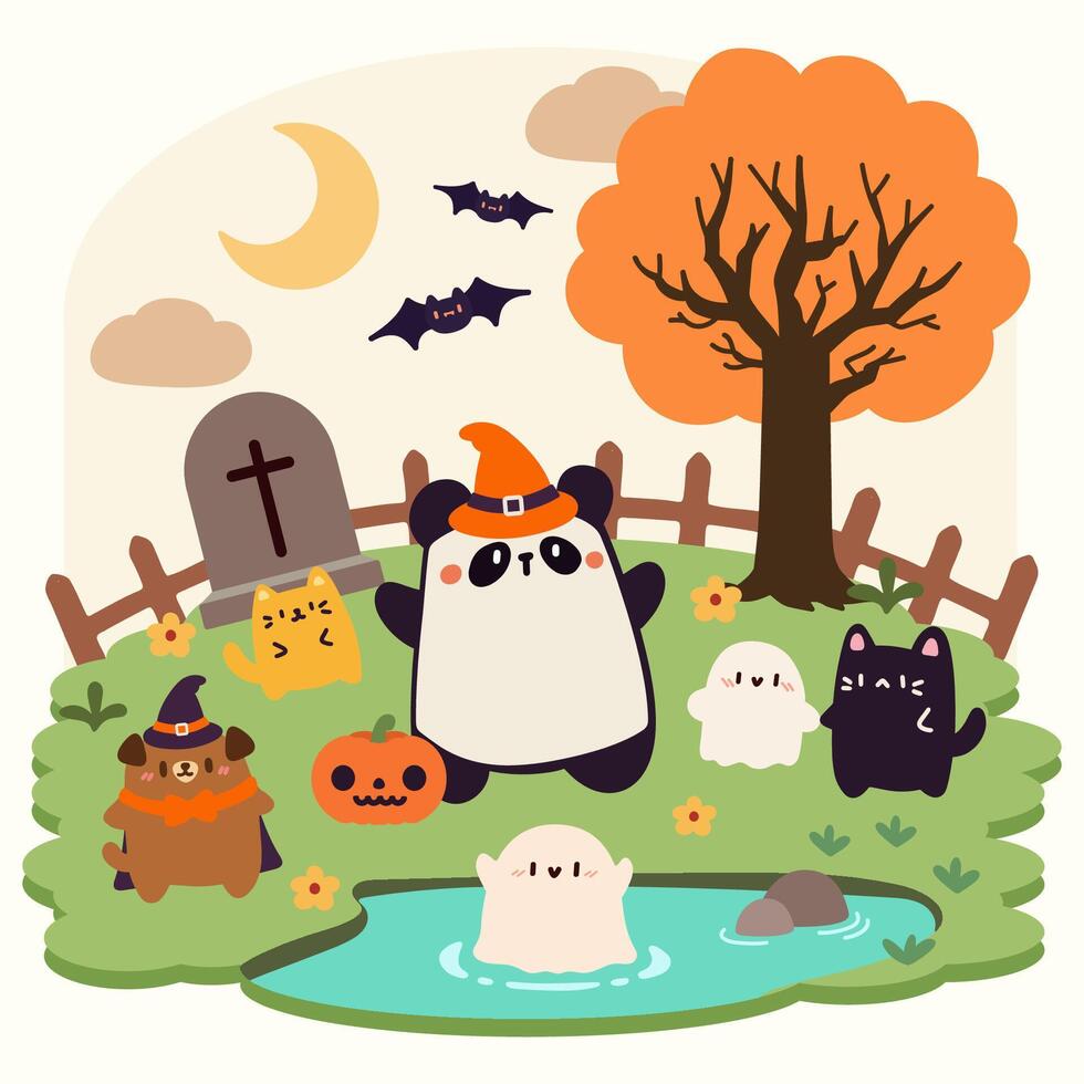 Cute Halloween Illustration with Panda and Friends in Spooky Costumes. Halloween Scene with Panda, Ghosts, and Animal Friends. vector