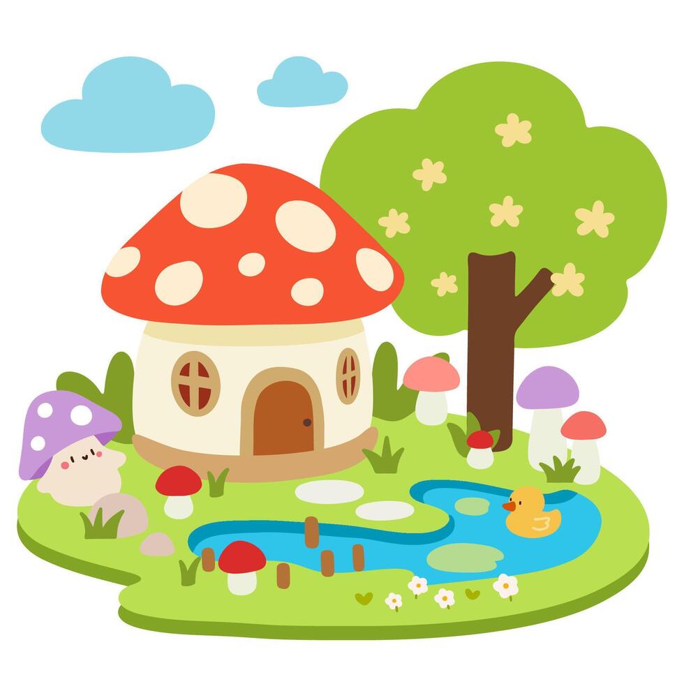 Cute Mushroom House in an Enchanted Forest with a Duck Pond. Adorable illustration for kids. vector