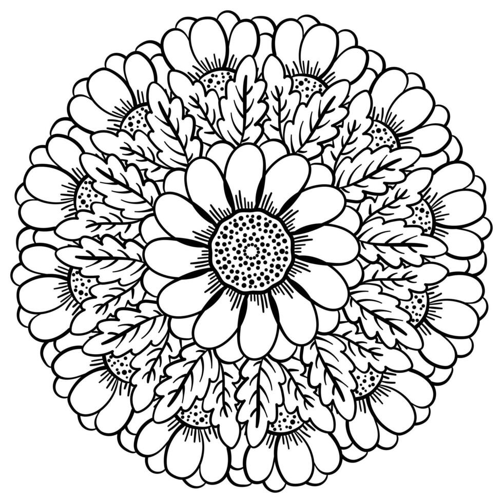 Mandala with daisies and leaves, fantasy coloring page for creative activity or creating a card vector