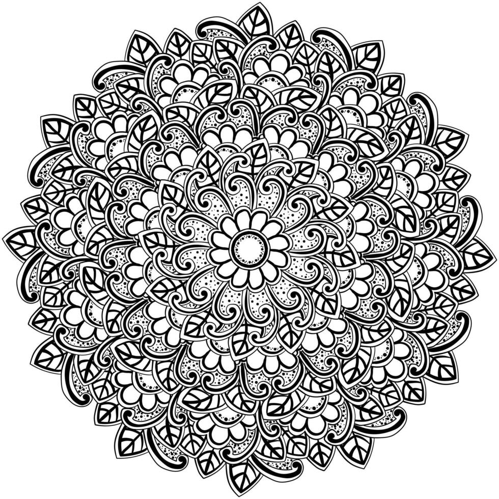 Abstract mandala with zendoodle flowers and leaves, complex coloring page with natural elements and motifs vector