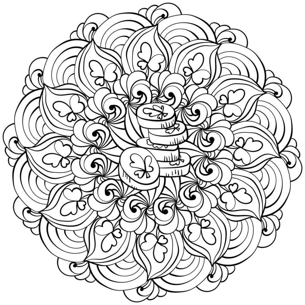 Mandala with stack of coins and fantasy patterns, creative St. Patrick's Day coloring page for holiday activity vector
