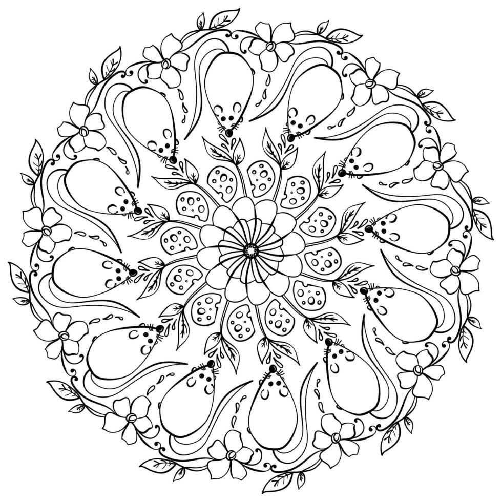Mandala with mouse and cheese and spring flowers, doodle coloring page for activity and creativity vector