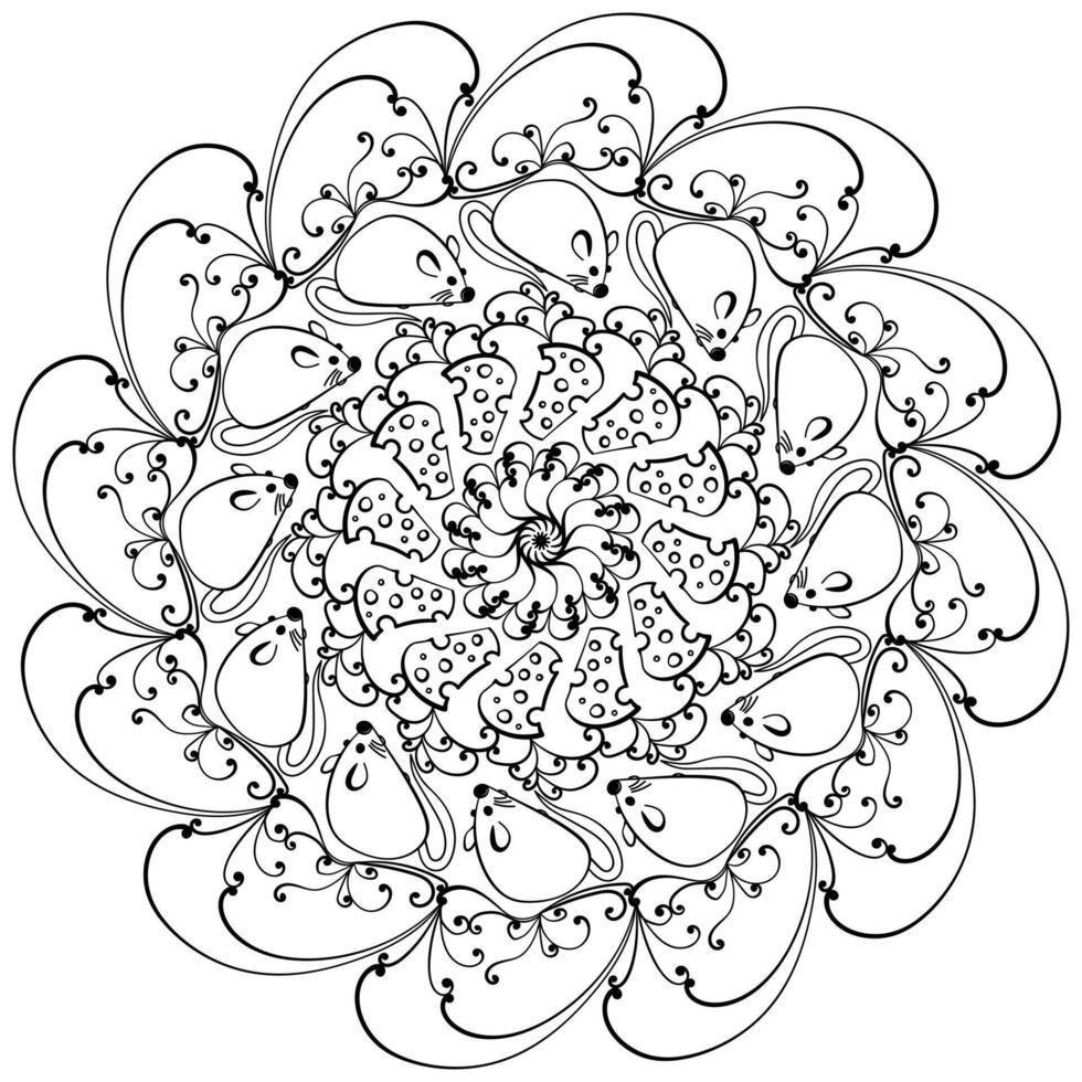 Mandala with mouse and cheese and ornate curls, outline coloring page for activity vector