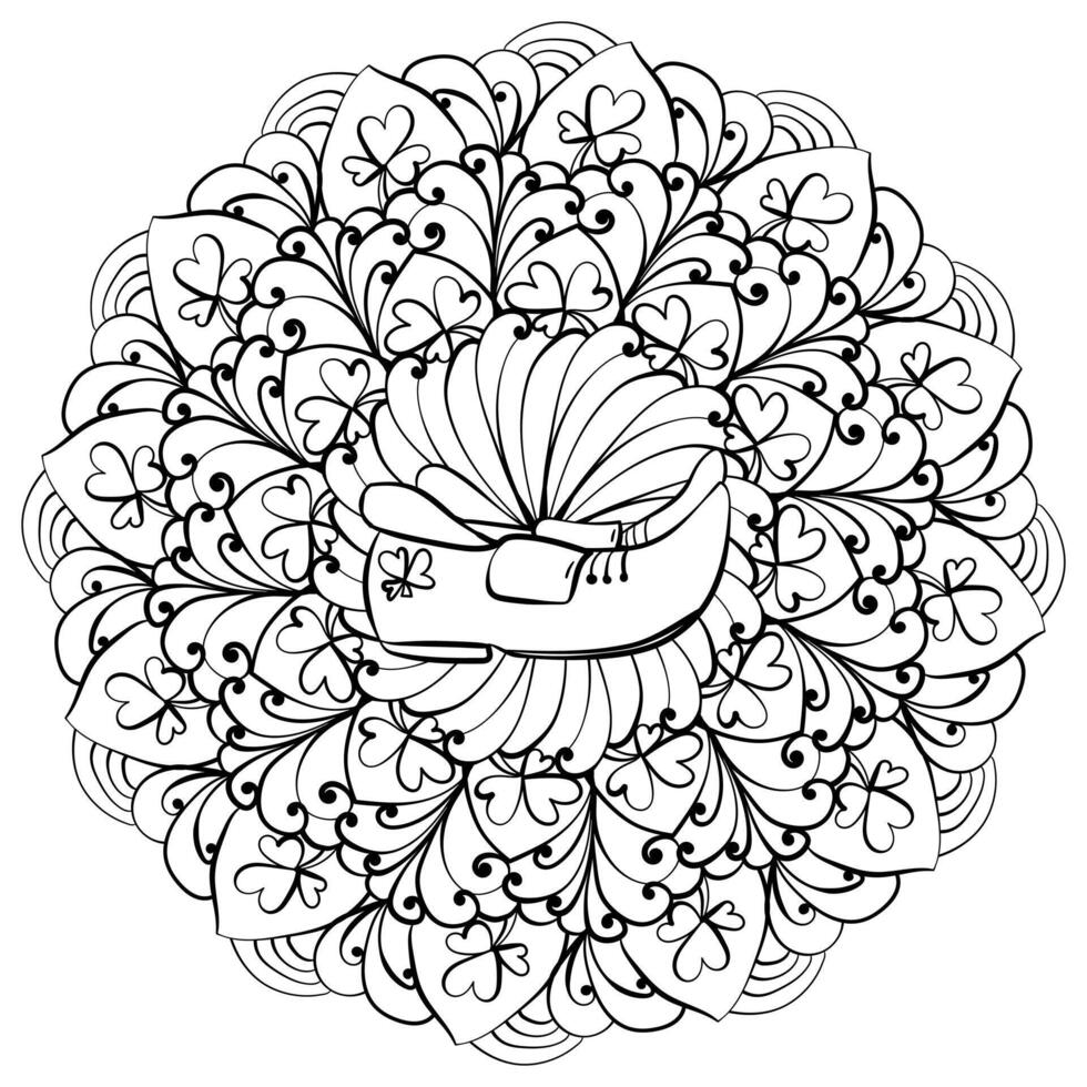 Mandala with leprechaun shoes, fantasy coloring page for St. Patrick's Day for kids and adults vector