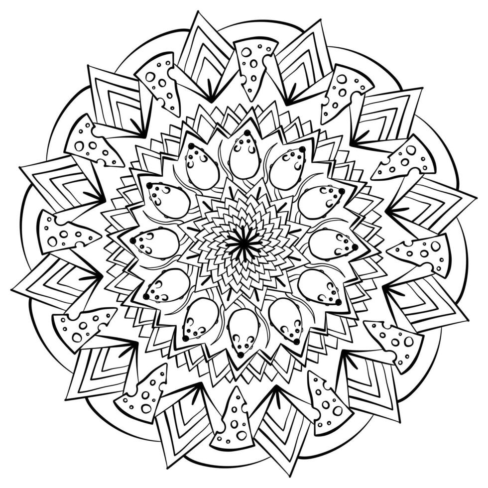 Mandala with mouse and cheese and sharp petals, creative coloring page for kids activity vector