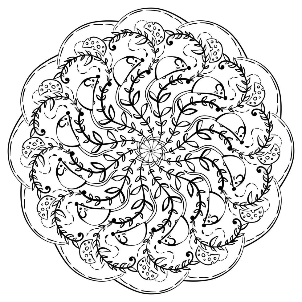 Mandala with mouse and cheese and doodle twigs, fantasy coloring page for creativity and design vector