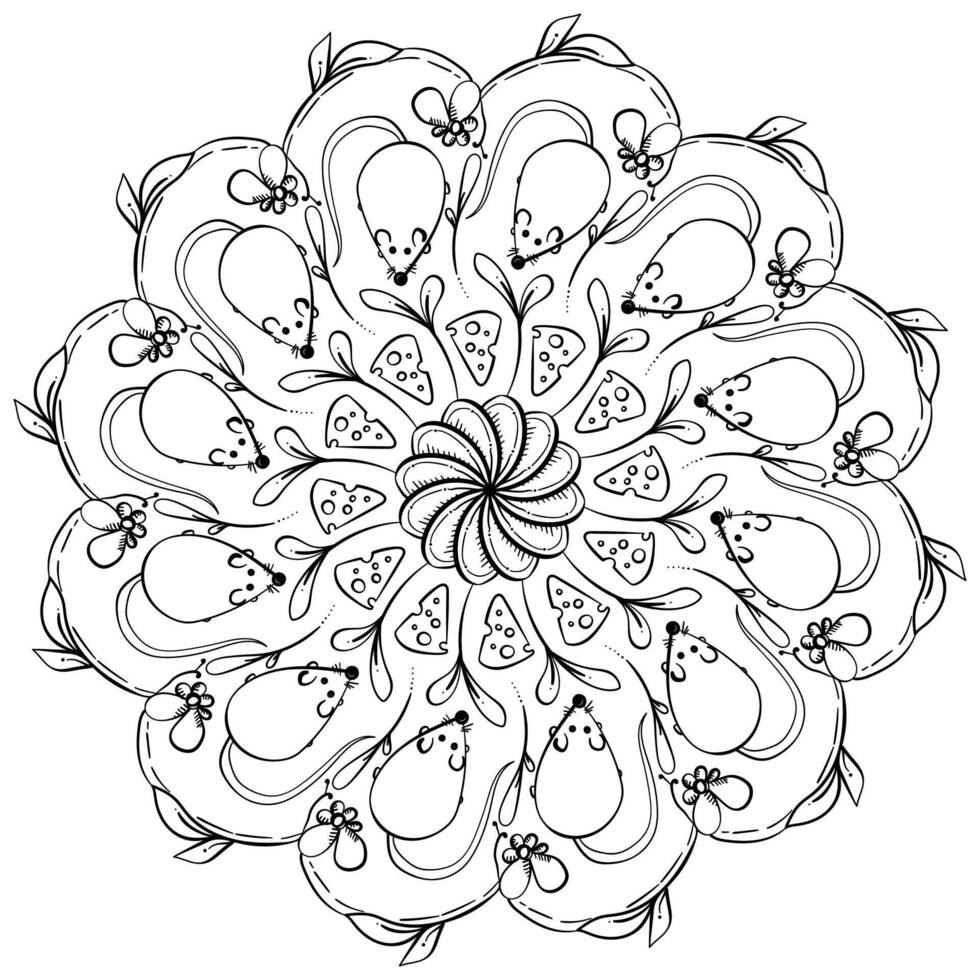 Mandala with mouse and cheese and fantasy patterns, doodle coloring page for creativity vector