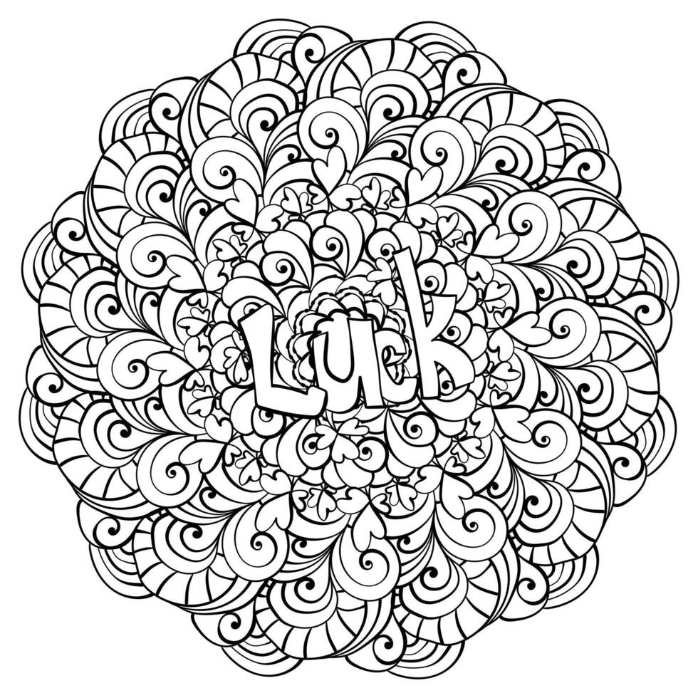 Mandala with word luck and clover, tangled St. Patrick's Day coloring page for activity and design vector