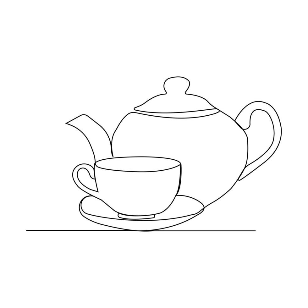 Teapot with teacup continuous line art drawing. vector