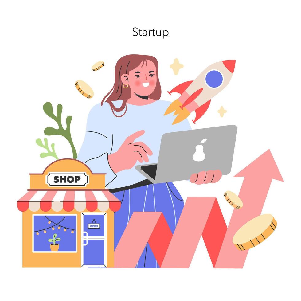 Innovative Startup Launch An entrepreneur with a laptop and rocket symbolizing a soaring start Aspirations and growth are at the heart of this small business illustration vector