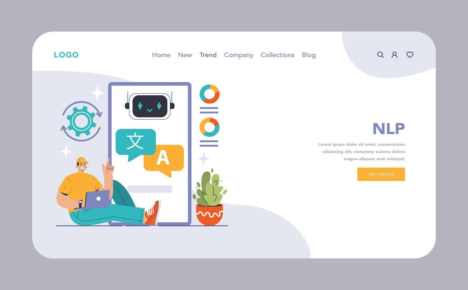 NLP in Action web or landing. A tech-savvy interacts with an advanced vector