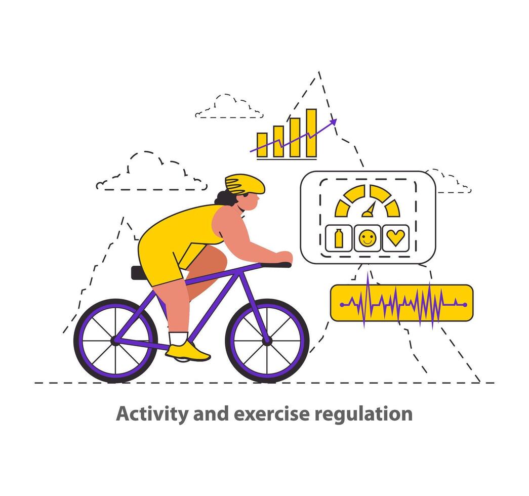 Activity and Exercise Regulation concept Encourages fitness through cycling and tracks progress with health apps Promotes active lifestyle and wellbeing illustration vector