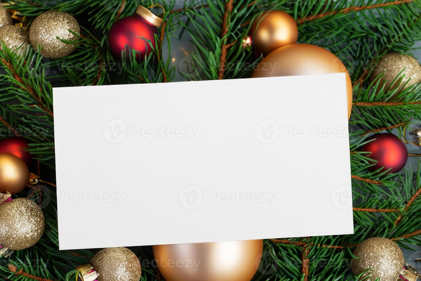 Beautiful Mockup White Card with Christmas Ornaments, A Festive Touch for Your Holiday Greetings photo