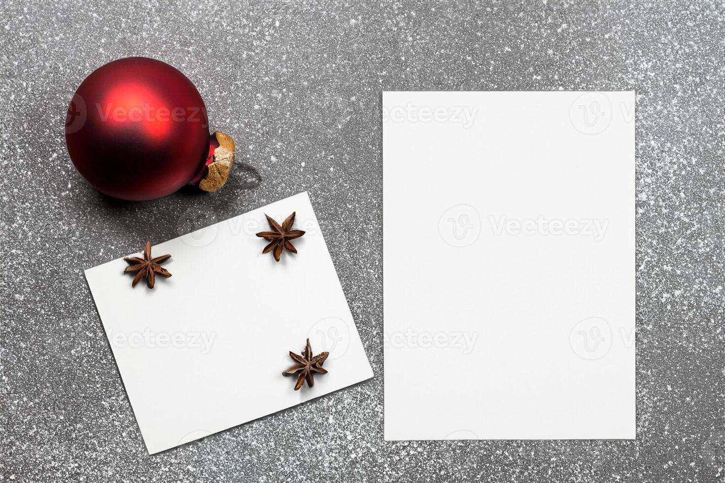 Beautiful Mockup White Card with Christmas Ornaments, A Festive Touch for Your Holiday Greetings photo