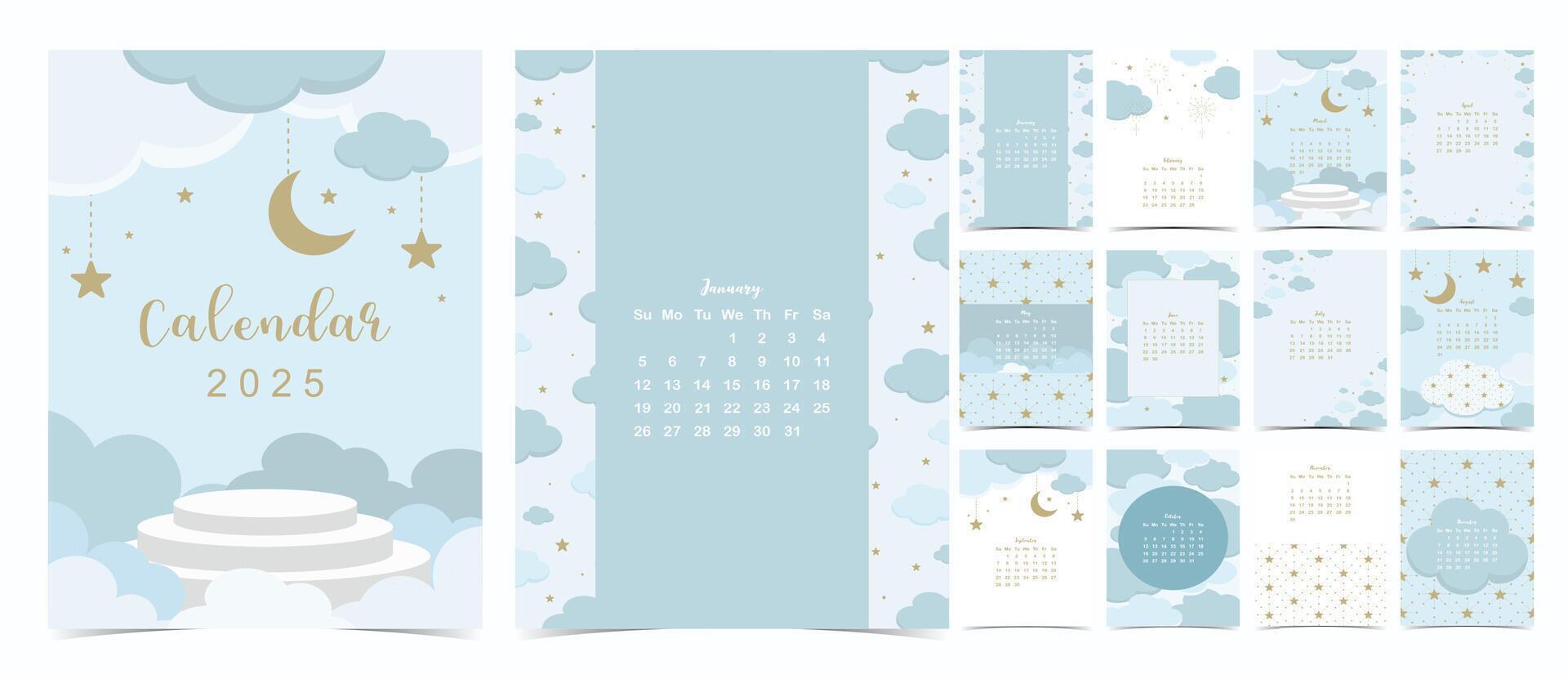 2025 table monthly calendar week start on Sunday with twinkle that use for vertical digital and printable A4 A5 size vector