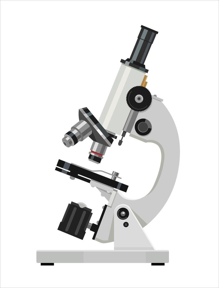 Laboratory microscope. Pharmaceutical instrument, microbiology magnifying instrument. Symbol of science, chemistry and research. flat style. vector