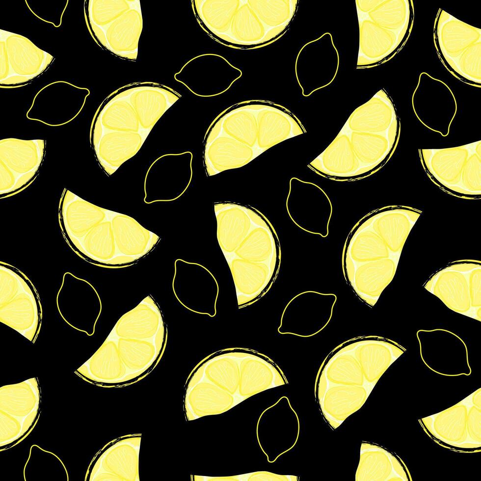 Seamless pattern with hand drawn lemon slace on black background. vector