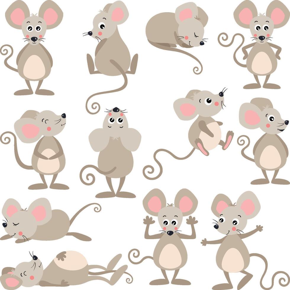 Set digital collage of cute mouse vector