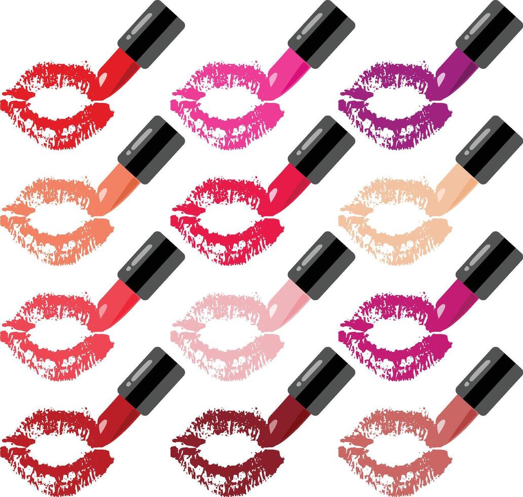 Set of lipstick and feminine lips with different colors vector