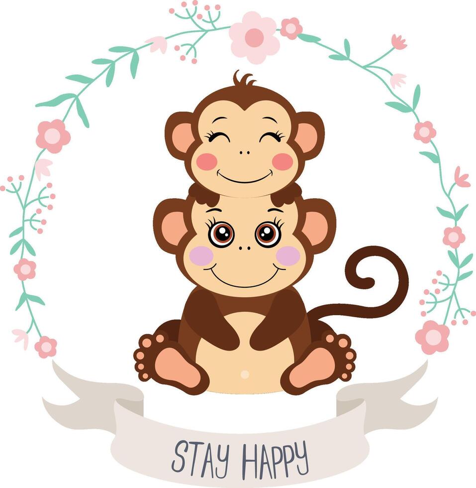 Stay happy flower wreath with mother and baby monkey vector