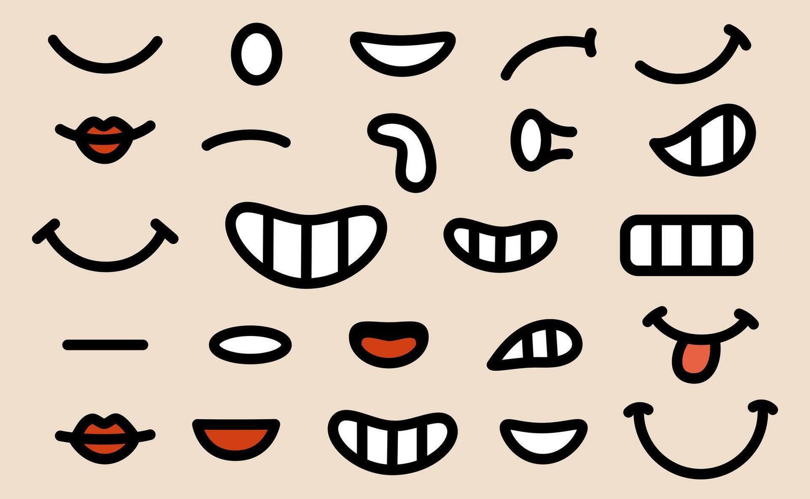 Set of 70s groovy comic mouth. Collection elements of retro cartoon character faces. Mouth in different emotions happy, angry, sad, cheerful. illustration vector