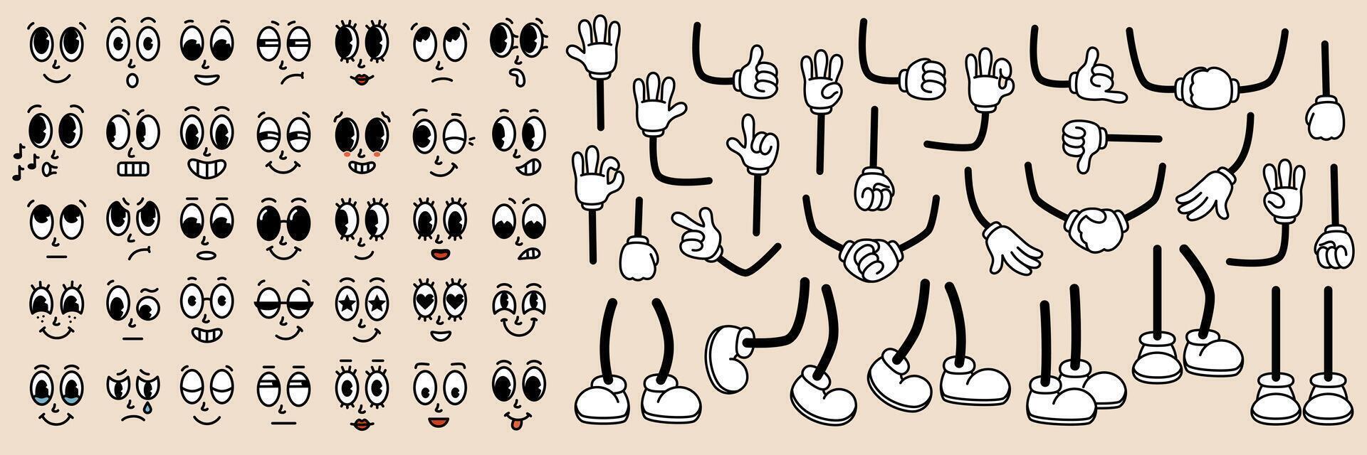 Set of 70s groovy comic faces. Collection elements of cartoon character faces, leg, hand in different emotions happy, angry, sad, cheerful. illustration vector