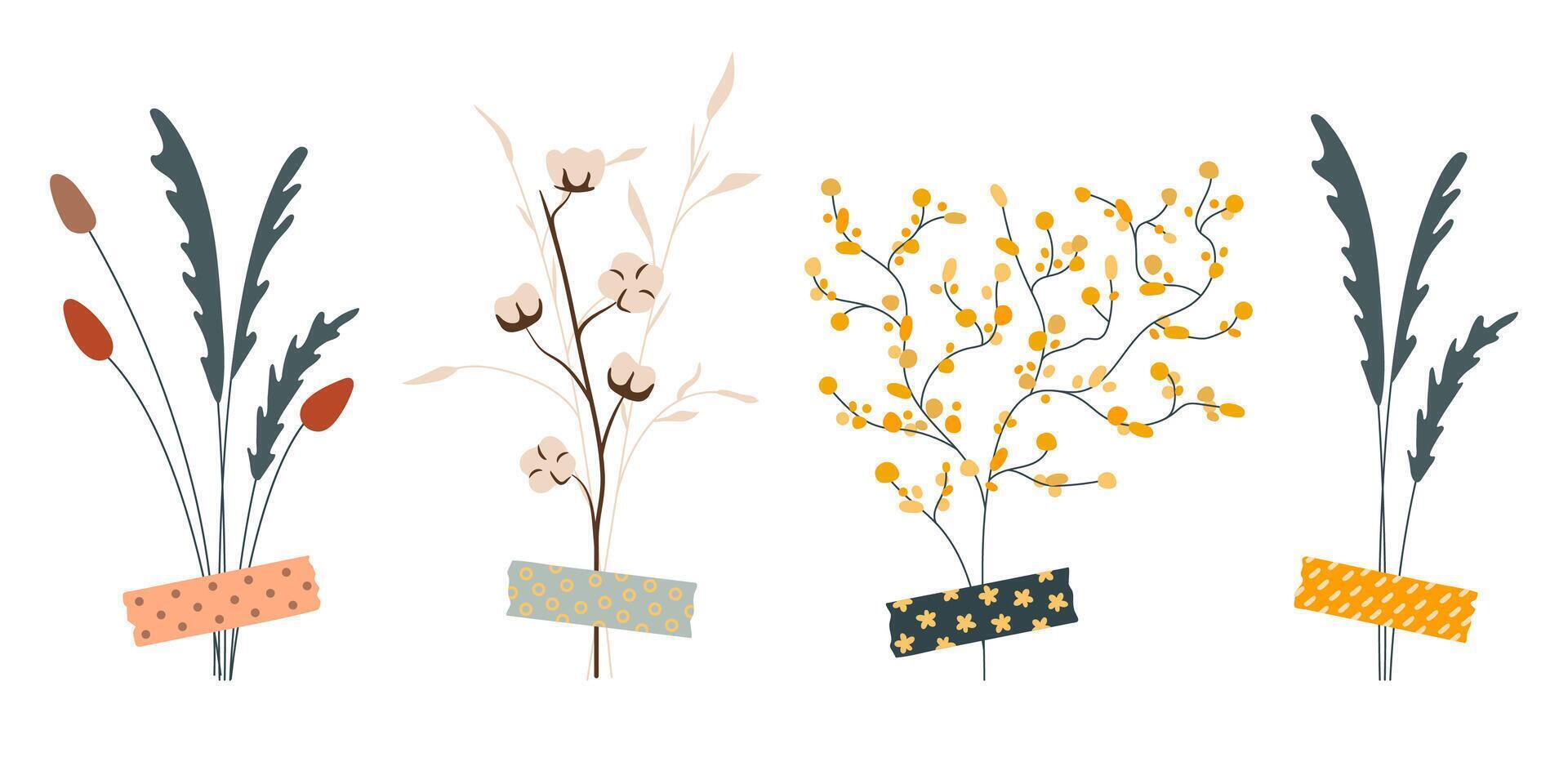 Collection of cute bouquet dry flowers duct taped vector