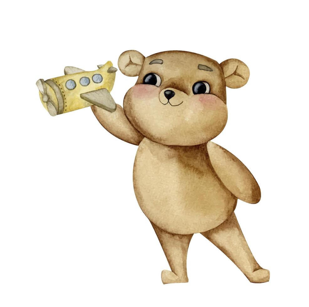 Watercolor little bear with toys in pastel colors vector