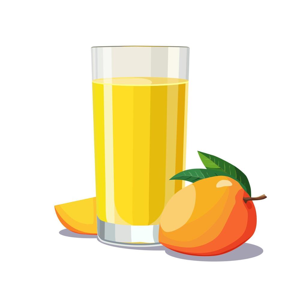 Full glass of yellow freshly and healthy squeezed mango juice isolated on white background. illustration in flat style with tropical drink. Summer clipart for card, banner, flyer, poster design vector