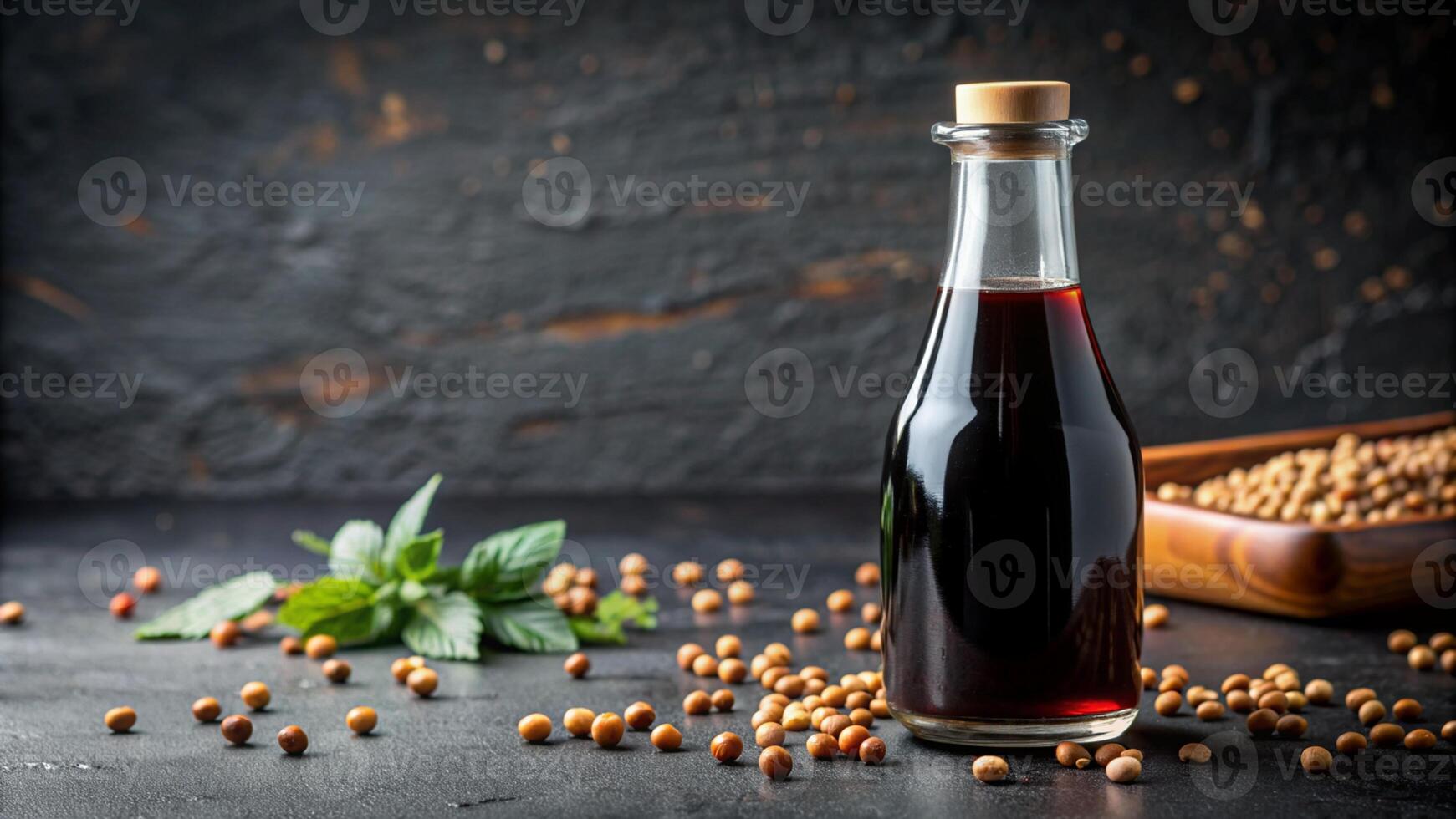bottle of black soy sauce with herbs on dark background photo